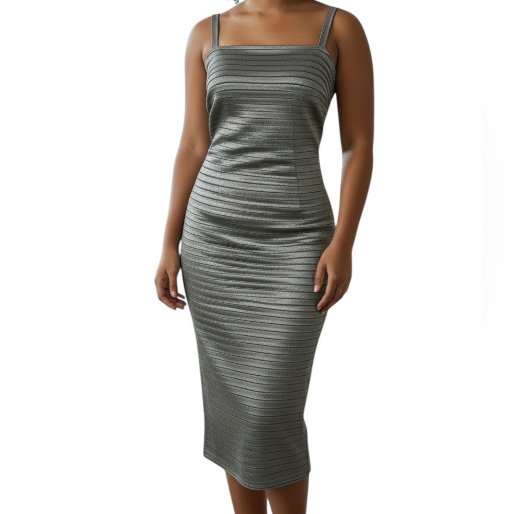 R & M Richards Metallic Gray Midi Sleveless Ruched Accordian Style Dress Size 14